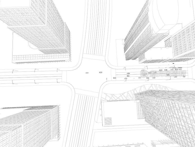 城市轮廓与摩天大楼孤立在白色的背景。从以上观点。道路与驾驶汽车。3 d。矢量图